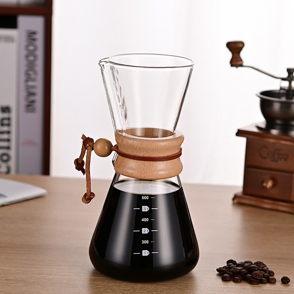 Lasinen pour over -kahvinkeitin, jossa on suodatin ja puukahva, 600 ml / Kahvinkeitin käsinvalmistukseen