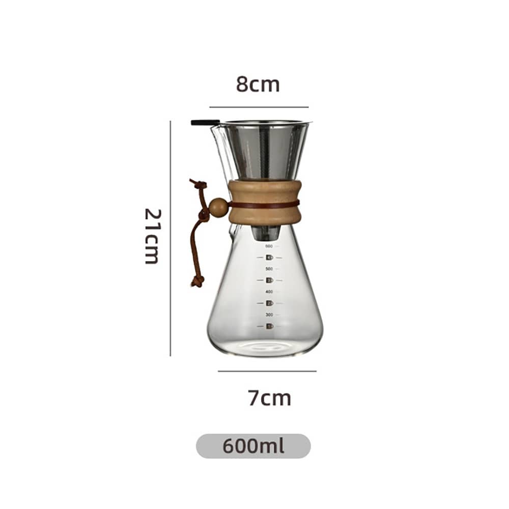 Lasinen pour over -kahvinkeitin, jossa on suodatin ja puukahva, 600 ml / Kahvinkeitin käsinvalmistukseen