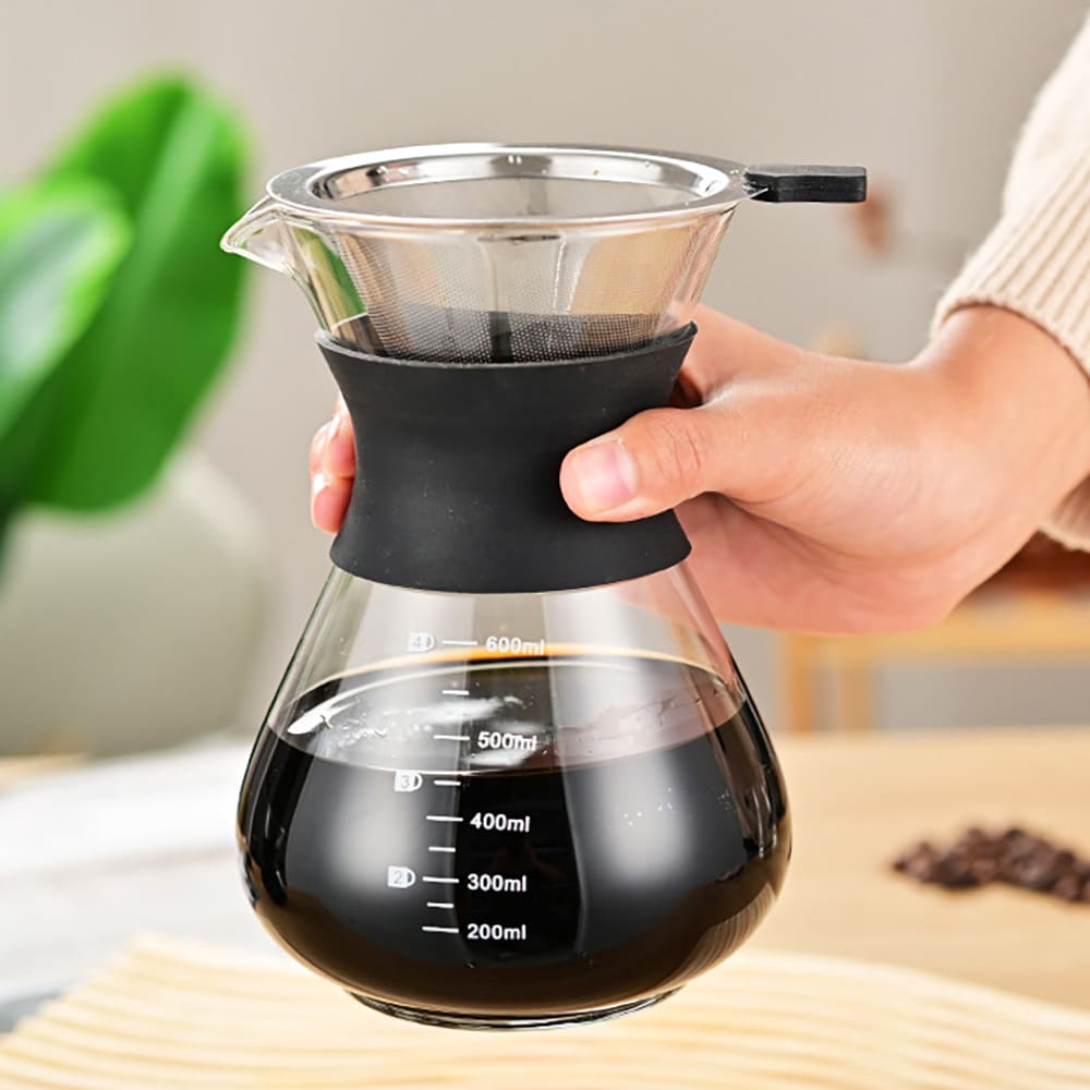 Lasinen pour over -kahvinkeitin, jossa on suodatin ja silikonikahva, 600 ml / Kahvinkeitin käsinvalmistukseen