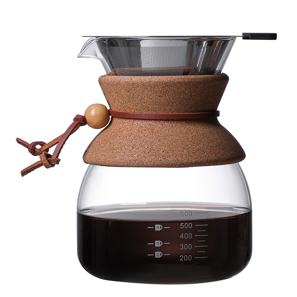 Lasinen pour over -kahvinkeitin, jossa on suodatin ja korkkikahva, 600 ml / Kahvinkeitin käsinvalmistukseen