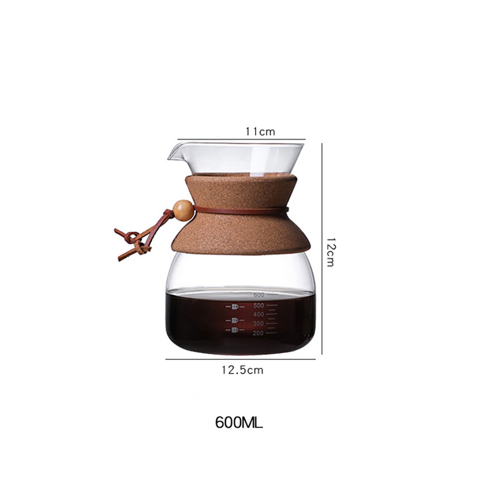 Lasinen pour over -kahvinkeitin, jossa on suodatin ja korkkikahva, 600 ml / Kahvinkeitin käsinvalmistukseen