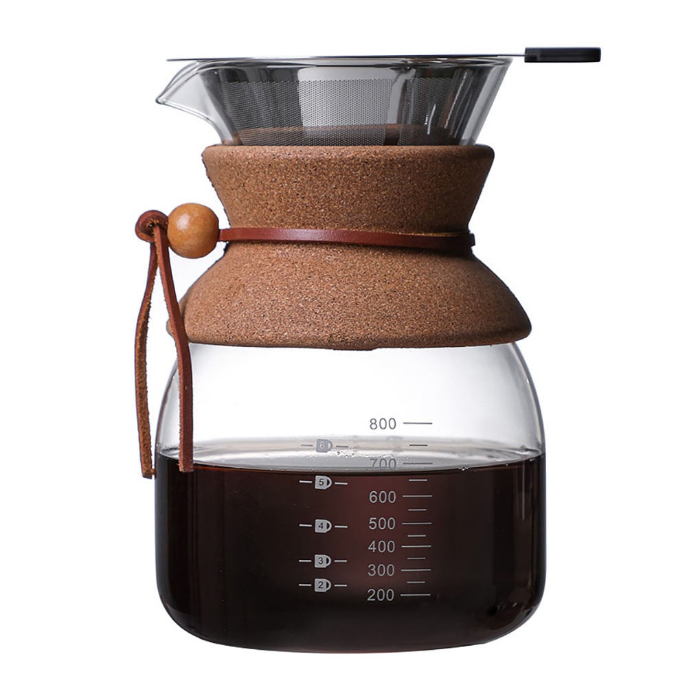 Lasinen pour over -kahvinkeitin, jossa on suodatin ja korkkikahva, 800 ml / Kahvinkeitin käsinvalmistukseen