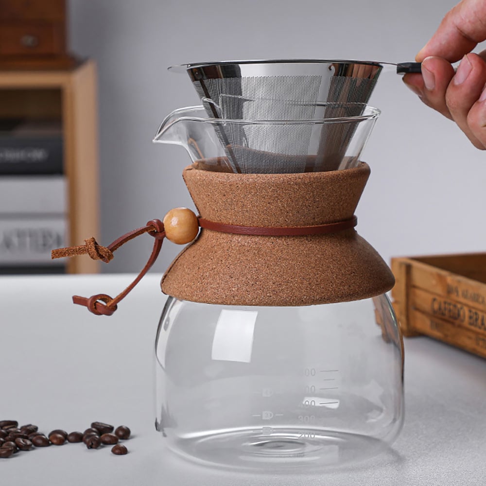 Lasinen pour over -kahvinkeitin, jossa on suodatin ja korkkikahva, 800 ml / Kahvinkeitin käsinvalmistukseen