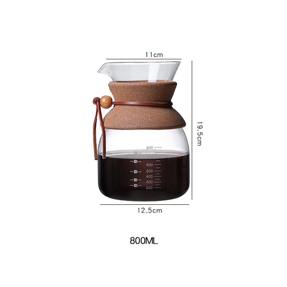 Lasinen pour over -kahvinkeitin, jossa on suodatin ja korkkikahva, 800 ml / Kahvinkeitin käsinvalmistukseen
