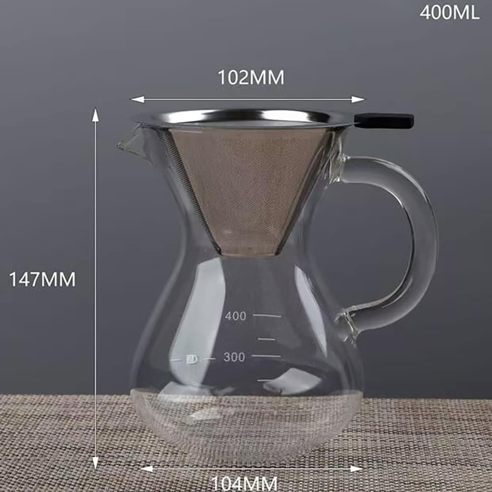 Lasinen pour over -kannu, jossa on ruostumattomasta teräksestä valmistettu suodatin, 400 ml / Kahvikannu käsinvalmistukseen