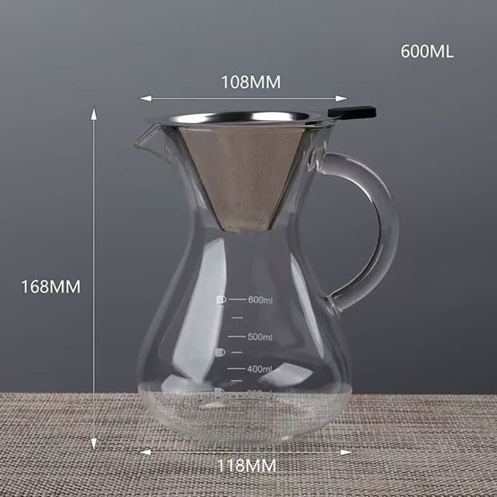 Lasinen pour over -kannu, jossa on ruostumattomasta teräksestä valmistettu suodatin, 600 ml / Kahvikannu käsinvalmistettua kahvia varten