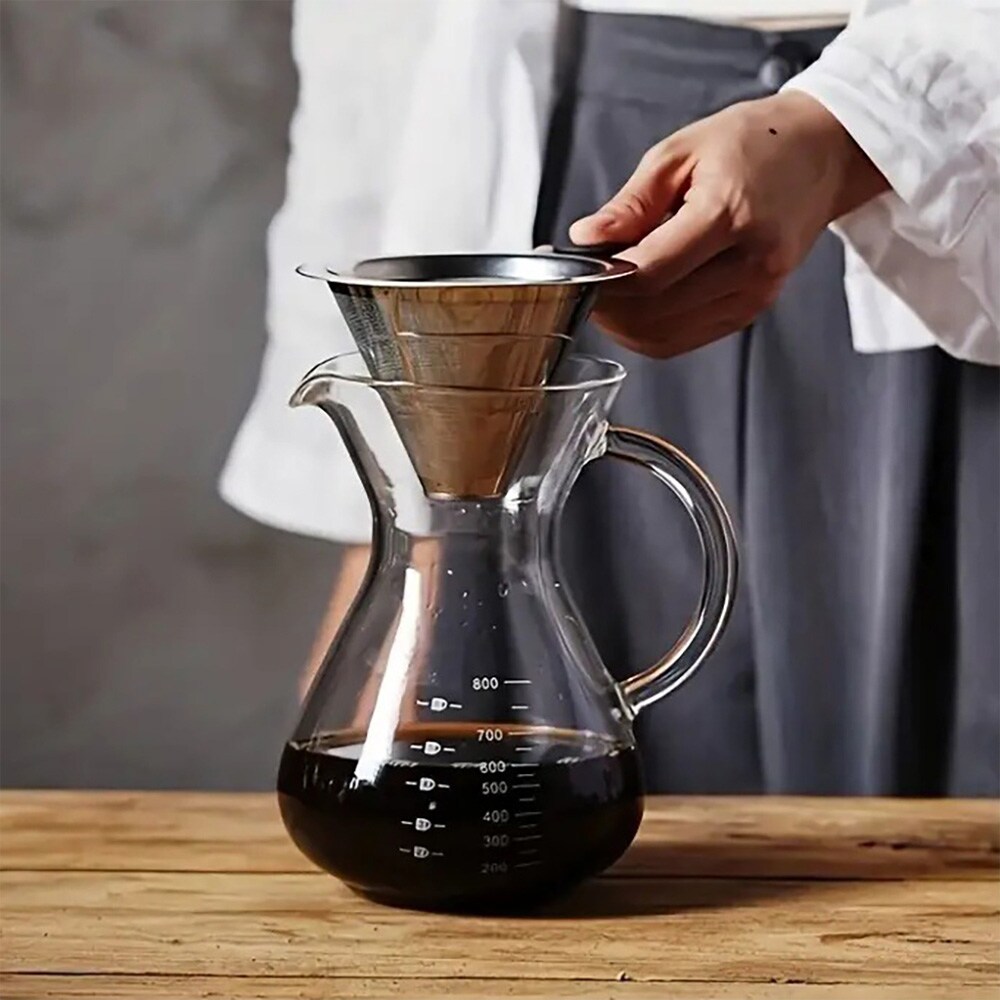 Lasinen pour over -kannu, jossa on ruostumattomasta teräksestä valmistettu suodatin, 800 ml / Kahvikannu käsinvalmistukseen