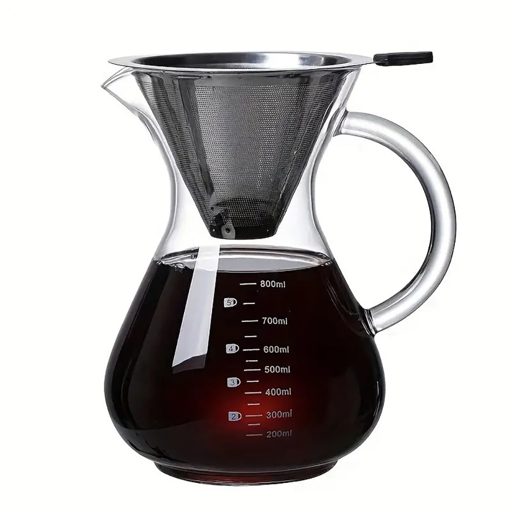 Lasinen pour over -kannu, jossa on ruostumattomasta teräksestä valmistettu suodatin, 800 ml / Kahvikannu käsinvalmistukseen