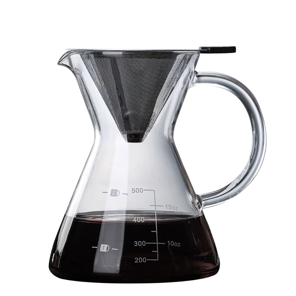 Lasinen pour over -kannu, jossa on ruostumattomasta teräksestä valmistettu suodatin, 500 ml / Kahvikannu käsinvalmistukseen