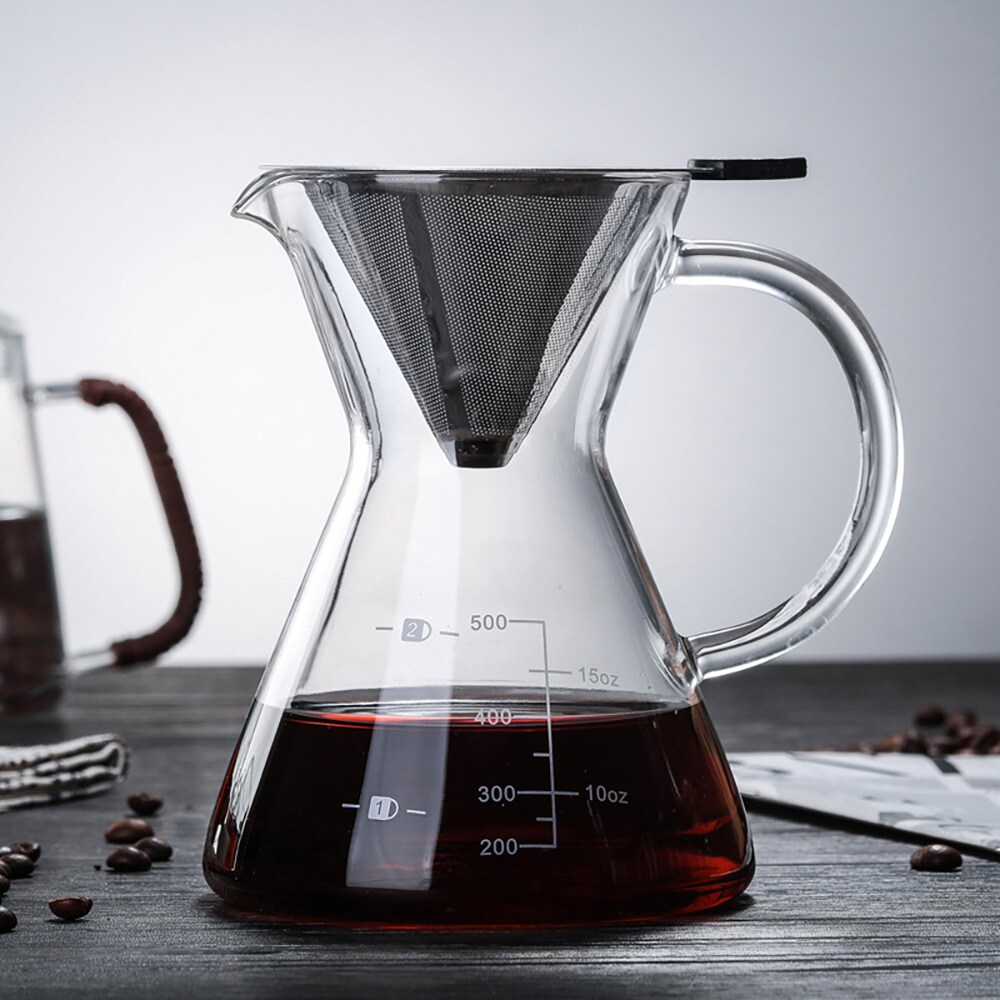 Lasinen pour over -kannu, jossa on ruostumattomasta teräksestä valmistettu suodatin, 500 ml / Kahvikannu käsinvalmistukseen