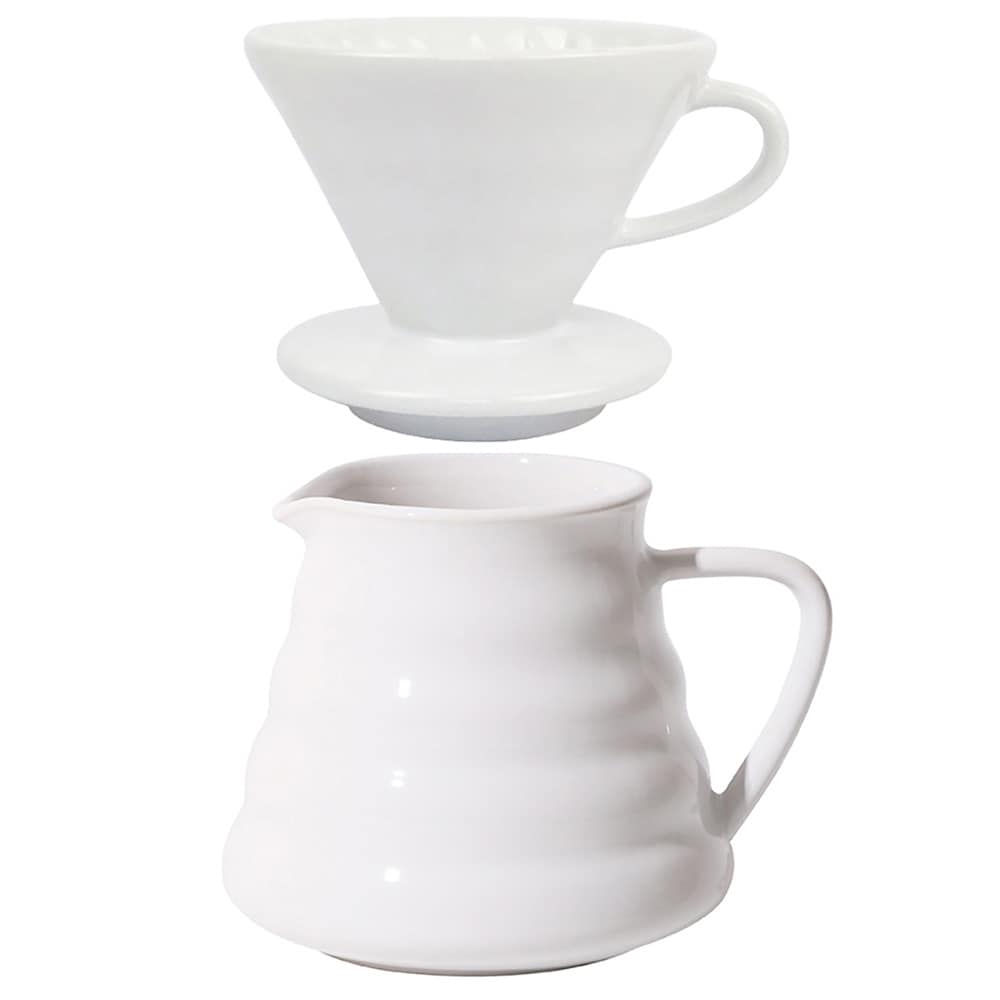 Pour over -kahvisetti keramiikkaa / valkoinen suodatinsuppilo ja kannu / käsinvalmistussarja 1–2 kupille