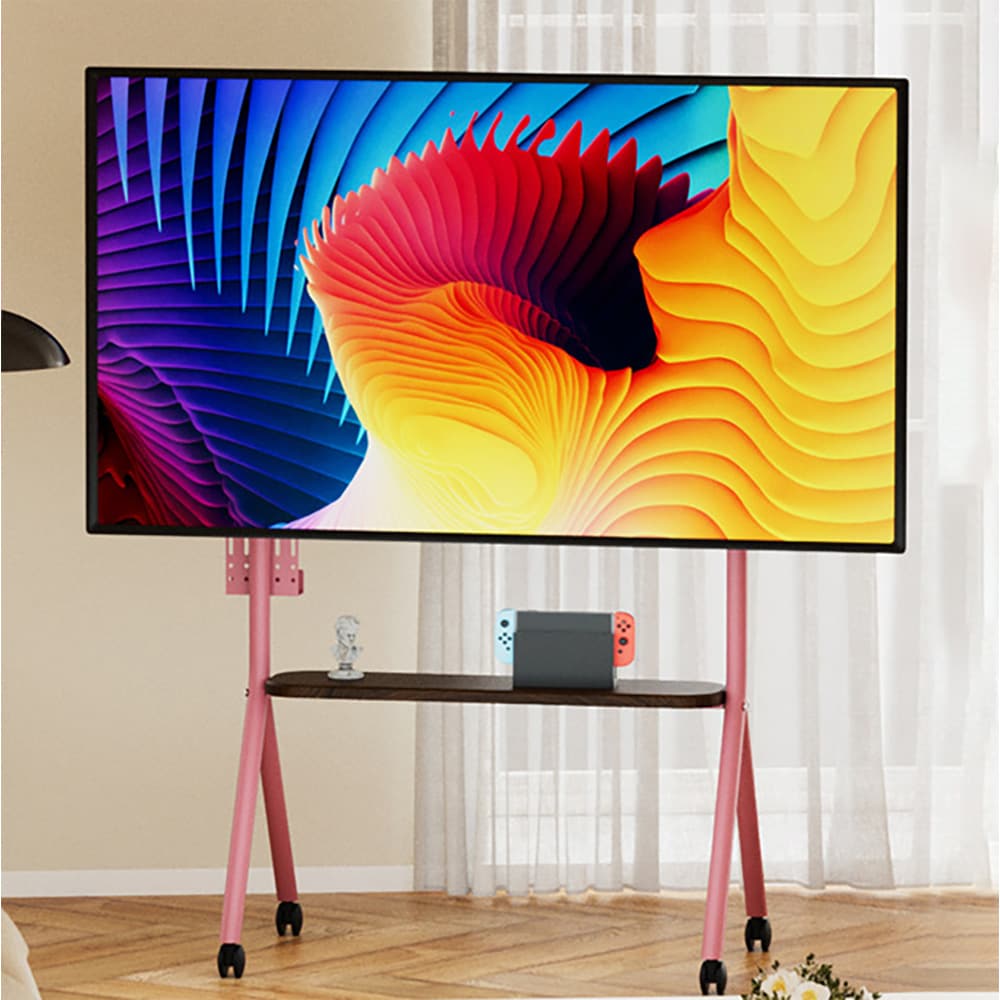 Siirrettävä TV-lattiateline pyörillä ja hyllyllä 32–75", korkeussäädettävä, VESA 200–600 mm, 120 kg, pinkki