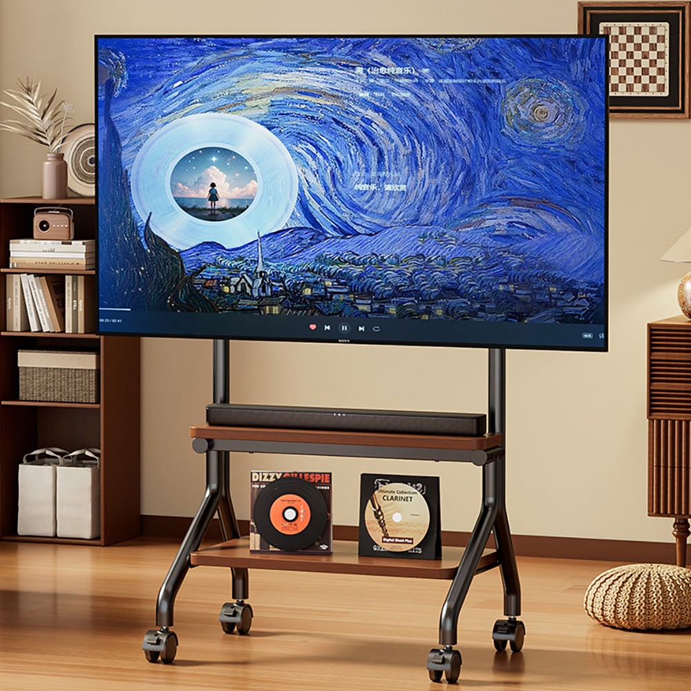 Siirrettävä TV-lattiateline pyörillä ja 2 hyllyllä 32–90", korkeussäädettävä, VESA 200 × 200–600 × 600 mm, 80 kg