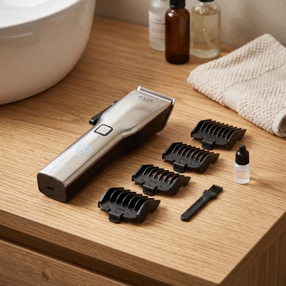 Adler-hiustenleikkuri 8 ohjauskammalla / langaton hiustrimmeri USB-C-latauksella / hiustenleikkuukone LED-näytöllä