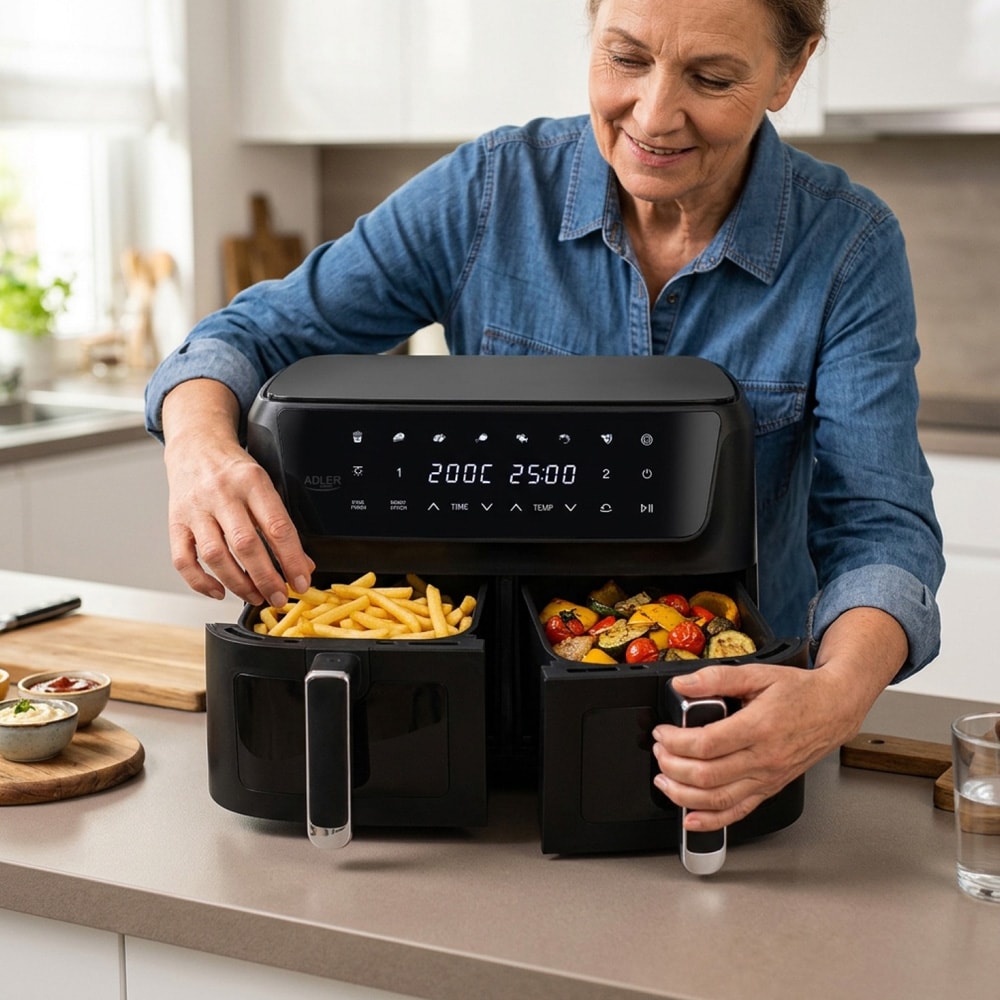 Adler AD 6324 kaksikorinen airfryer 11 l / kuumailmakeitin 2 korilla ja 8 ohjelmalla – Musta