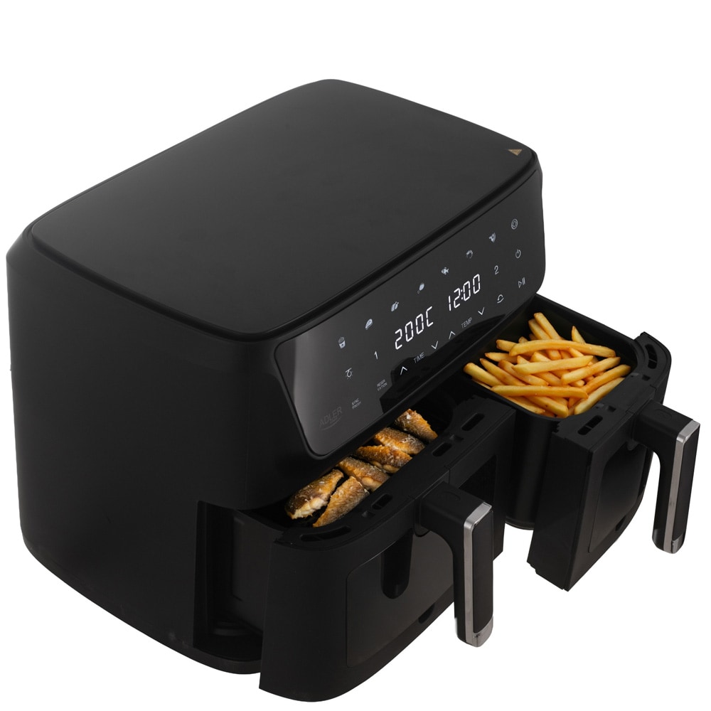Adler AD 6324 kaksikorinen airfryer 11 l / kuumailmakeitin 2 korilla ja 8 ohjelmalla – Musta