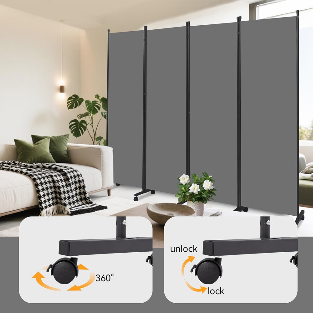 Taitettava sermi pyörillä / siirrettävä tilanjakaja ja näkösuoja 345 x 180 cm – tummanharmaa