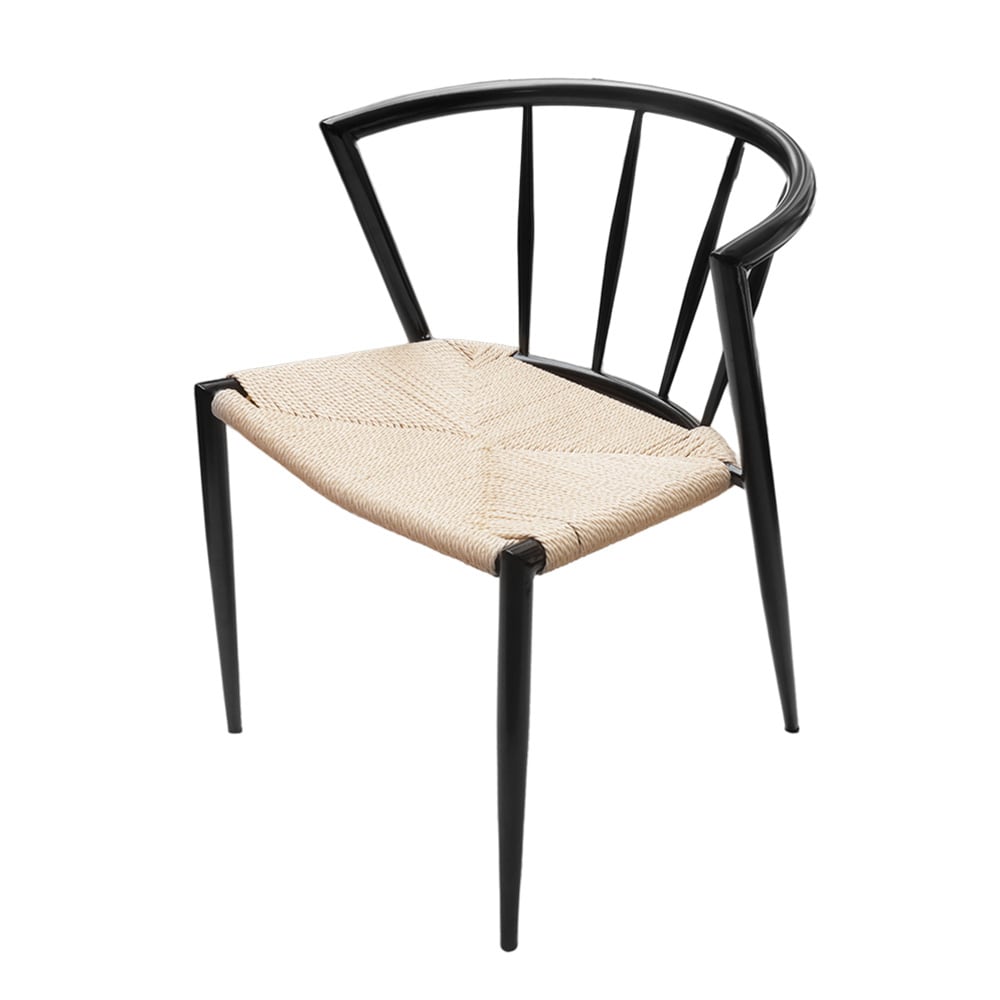 Ruokapöytätuoli punotulla istuimella / nojatuolimallinen tuoli mustalla metallirungolla 44×46×70 cm