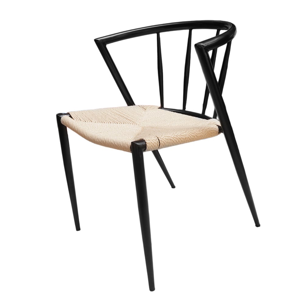 Ruokapöytätuoli punotulla istuimella / nojatuolimallinen tuoli mustalla metallirungolla 44×46×70 cm