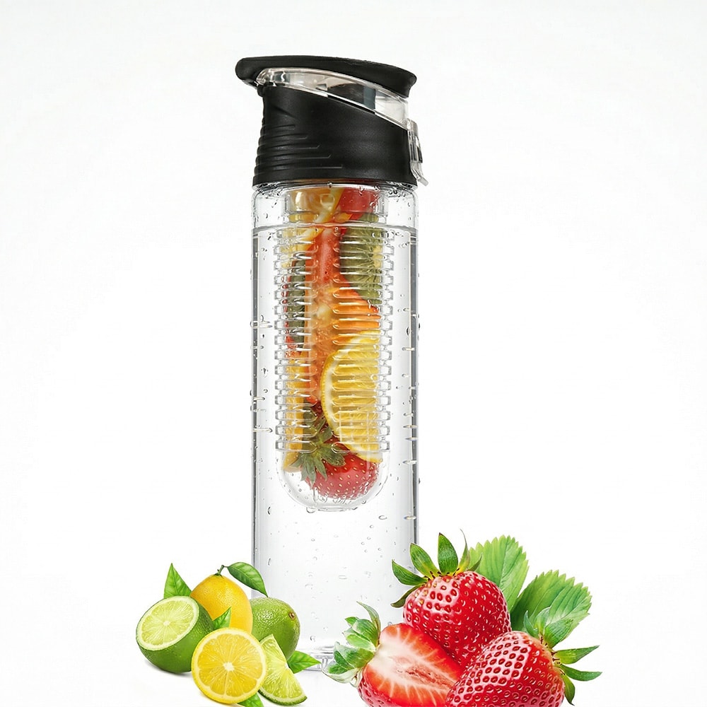 DB2607-vesipullo hedelmäosastolla, 700 ml – Svart / Infuusio-pullo / Hedelmäpullo
