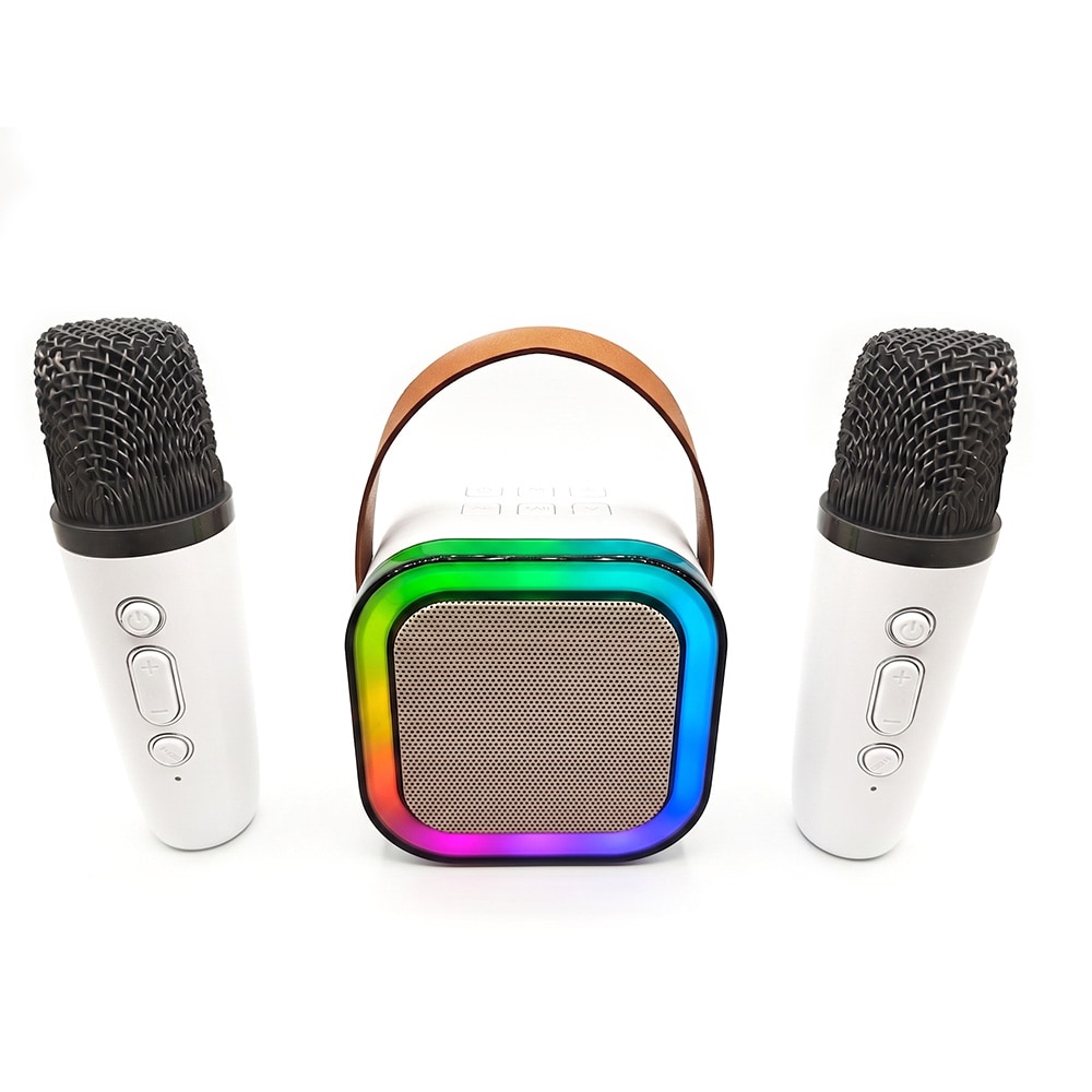 United-kaiutin LED-valolla ja 2 mikrofonia – valkoinen / karaokekaiutin / langattomat mikrofonit