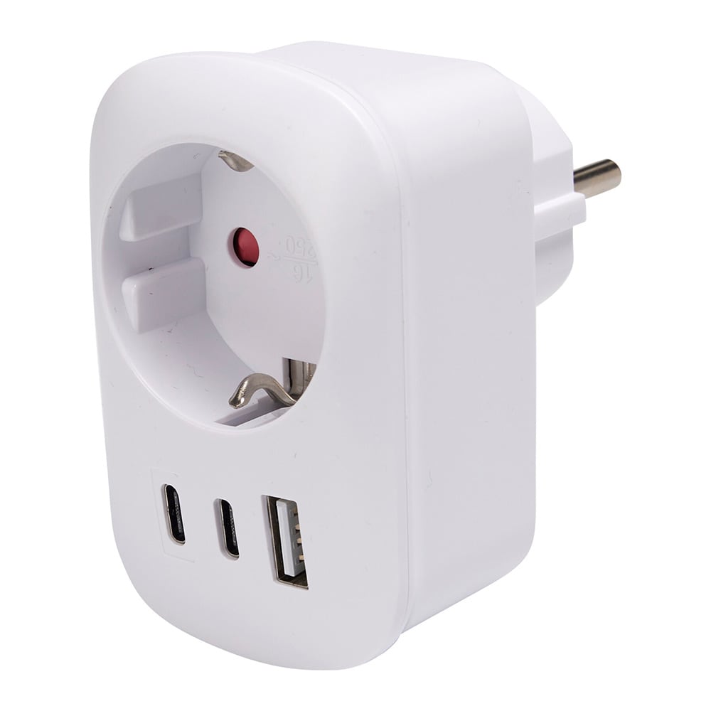 Pistorasian sovitin, jossa on pistorasia ja 2 USB-porttia (C+A) – Valkoinen / USB-sovitin / Pistorasian jakaja