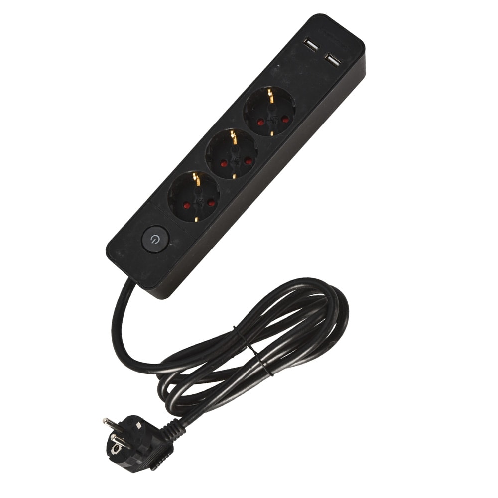 Jatkopistorasia 3 pistorasiaa ja 2 USB-porttia 1,4 m kytkimellä – musta