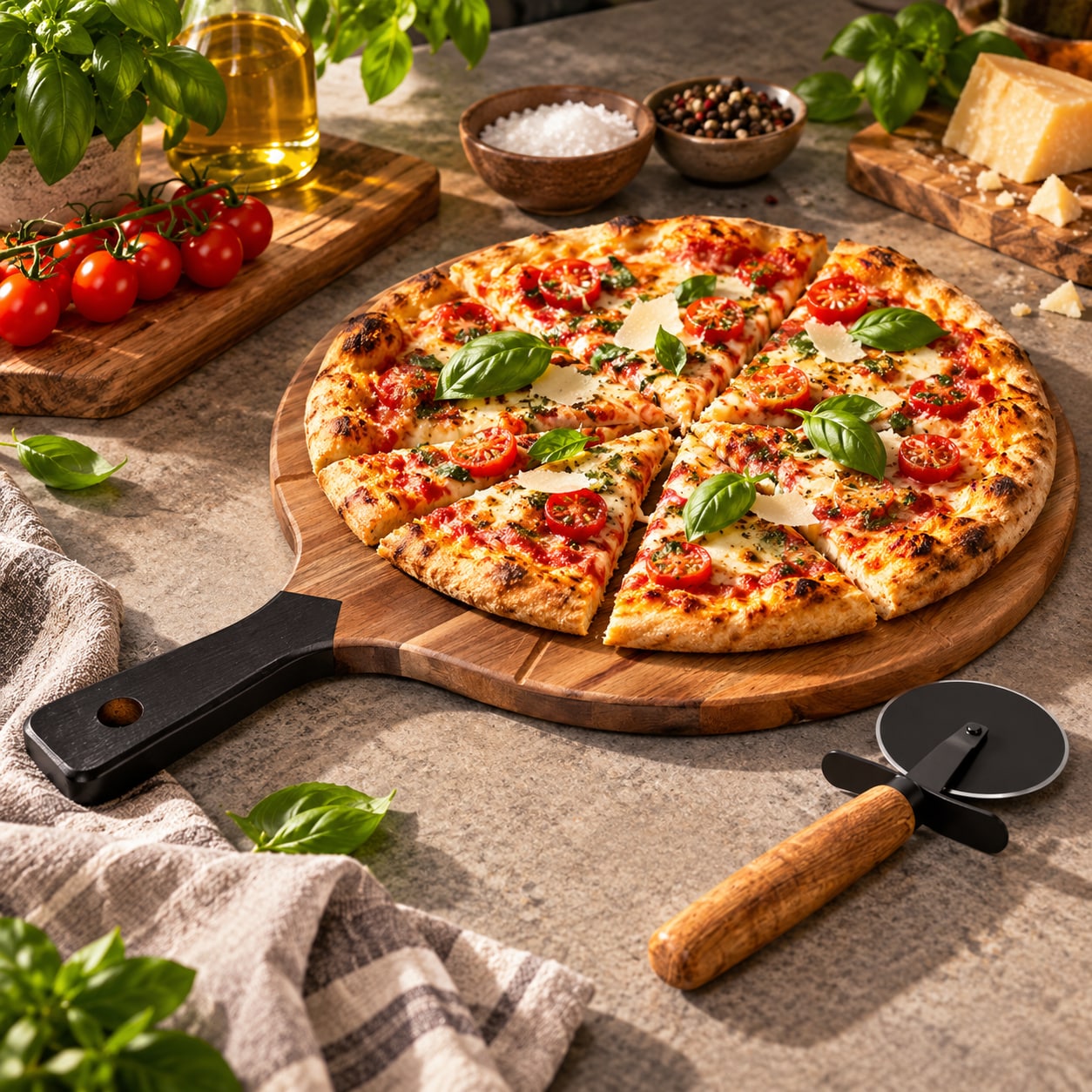 Akaasiapuinen pizzalautanen, halkaisija 30 cm, mukana 2-osainen pizzaleikkuri / Pizzalautanen / Pizzan tarjoilusetti