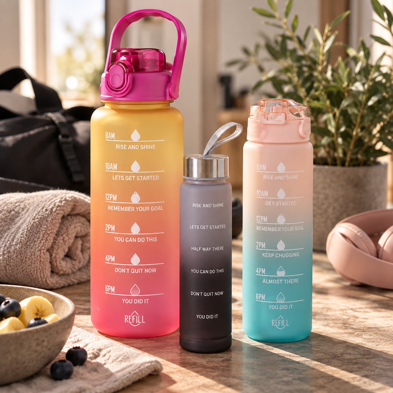 Vesipullot, 3 kpl:n pakkaus – 270 ml, 650 ml ja 1800 ml / Vesipullojen sarja / Juomapullot