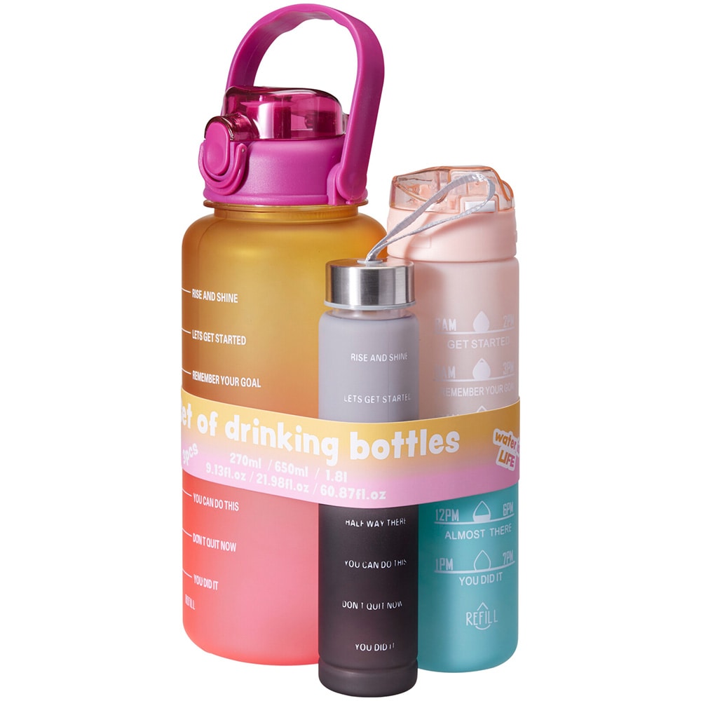 Vesipullot, 3 kpl:n pakkaus – 270 ml, 650 ml ja 1800 ml / Vesipullojen sarja / Juomapullot