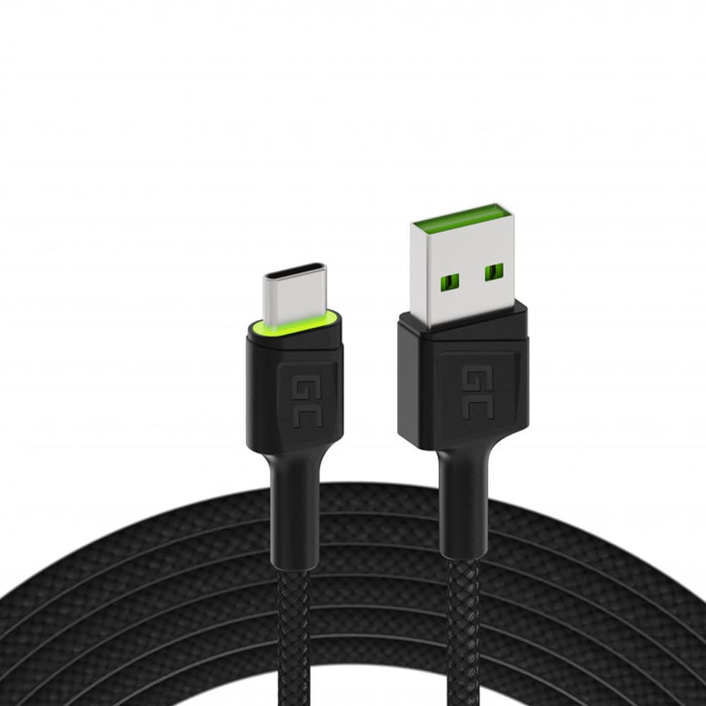 Green Cell USB-kaapeli, USB–USB-C, LED-valolla, 200 cm, QC3.0 / USB-C-latauskaapeli / USB-datakaapeli