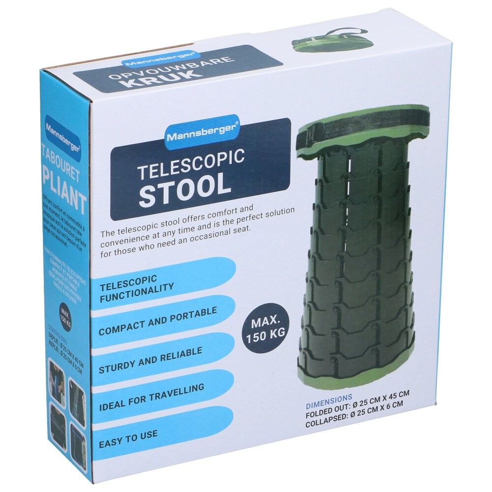 Kokoontaitettava jakkara 25 cm x 6–45 cm / Teleskooppinen retkijakkara / Kannettava jakkara, jossa on kantohihna