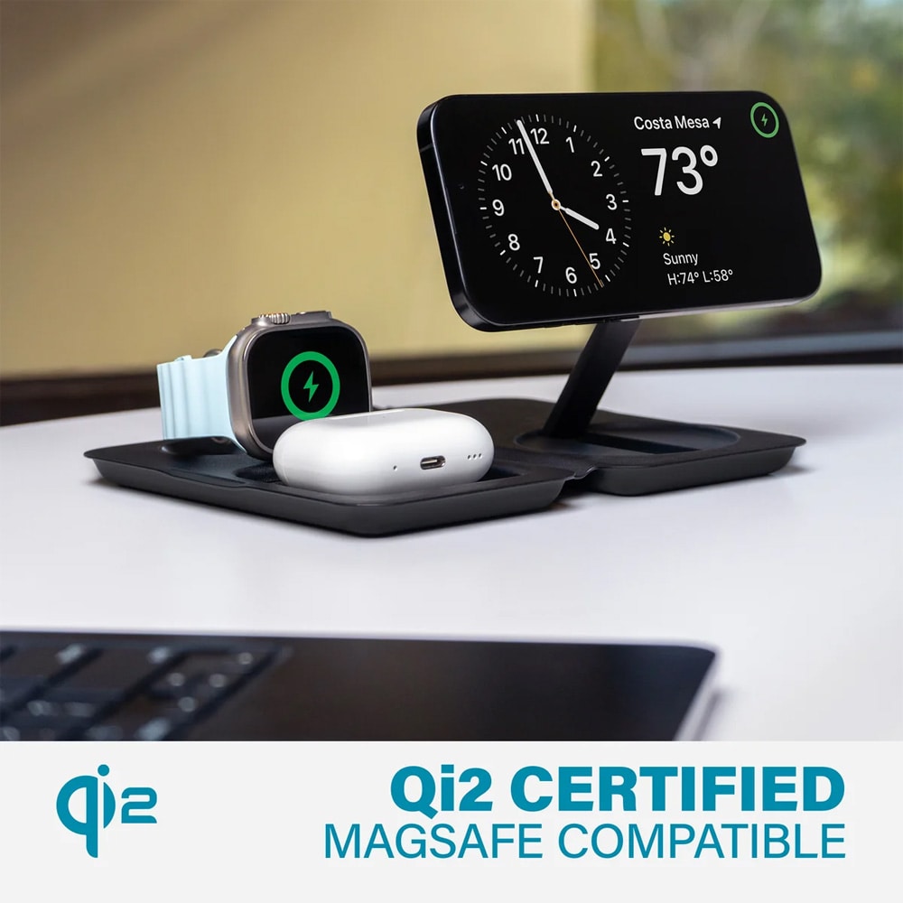 Nimble Fold 3-in-1 langaton Qi2-latausasema 15 W iPhonelle, Apple Watchille ja AirPodsille – musta
