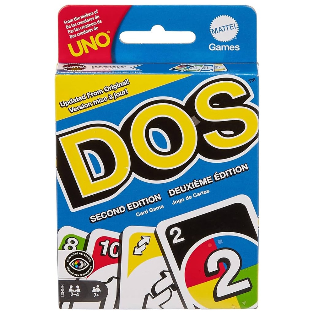 Uno Dos -korttipeli / DOS Second Edition -korttipeli / Perhepeli, jossa on kaksi hylkäpinoa, 2–4 pelaajalle