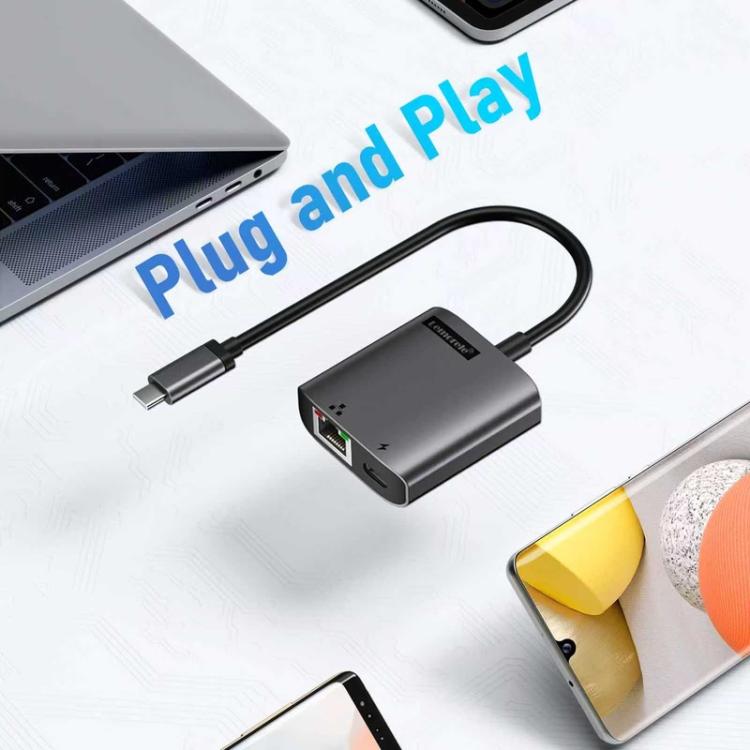 Lemorele TC35 USB-C-hubi / USB-C-sovitin Gigabit Ethernetillä, USB-portilla ja PD-latauksella – Harmaa
