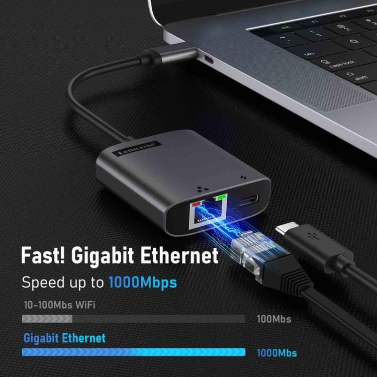 Lemorele TC35 USB-C-hubi / USB-C-sovitin Gigabit Ethernetillä, USB-portilla ja PD-latauksella – Harmaa