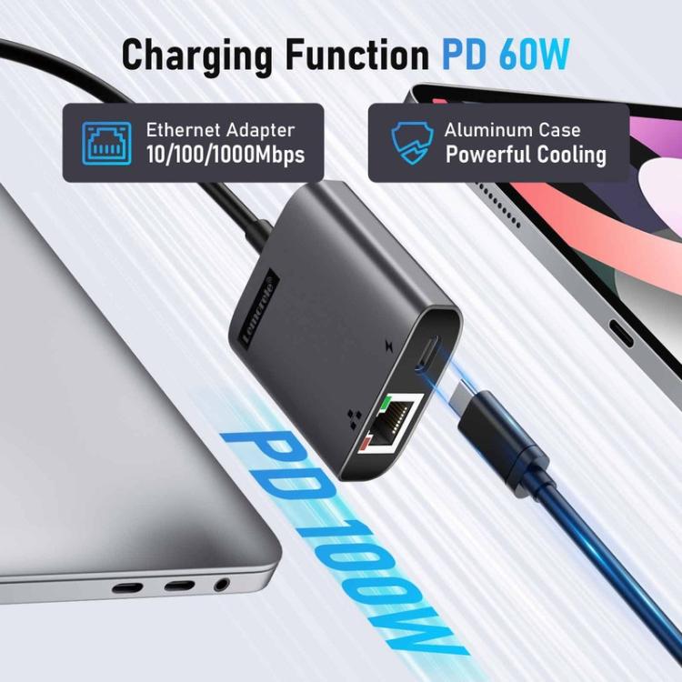 Lemorele TC35 USB-C-hubi / USB-C-sovitin Gigabit Ethernetillä, USB-portilla ja PD-latauksella – Harmaa