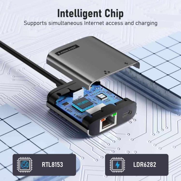 Lemorele TC35 USB-C-hubi / USB-C-sovitin Gigabit Ethernetillä, USB-portilla ja PD-latauksella – Harmaa