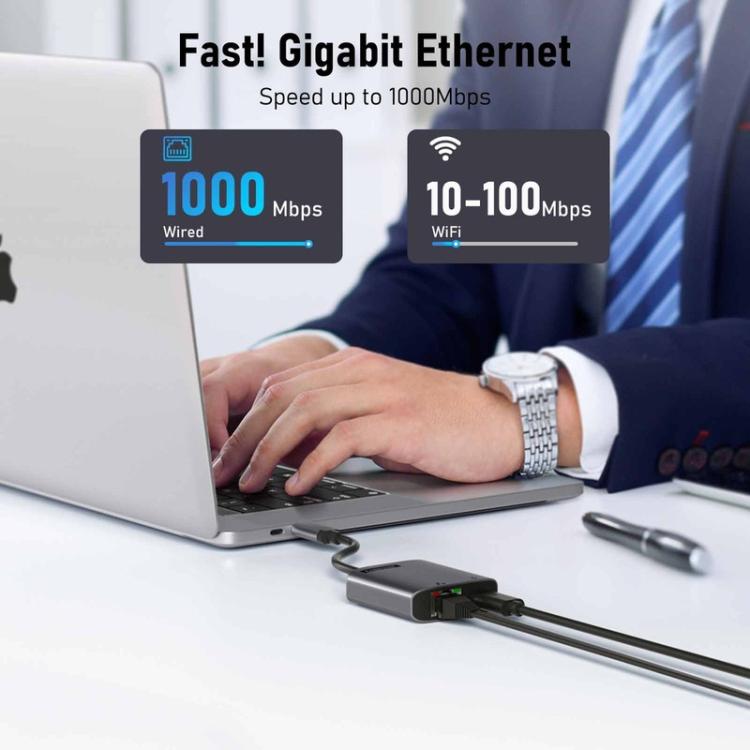 Lemorele TC35 USB-C-hubi / USB-C-sovitin Gigabit Ethernetillä, USB-portilla ja PD-latauksella – Harmaa