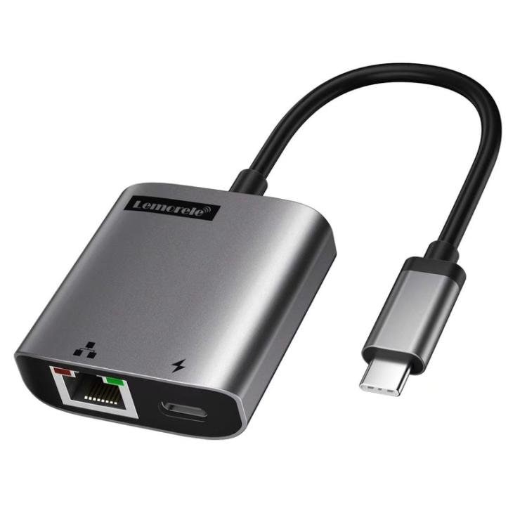 Lemorele TC35 USB-C-hubi / USB-C-sovitin Gigabit Ethernetillä, USB-portilla ja PD-latauksella – Harmaa