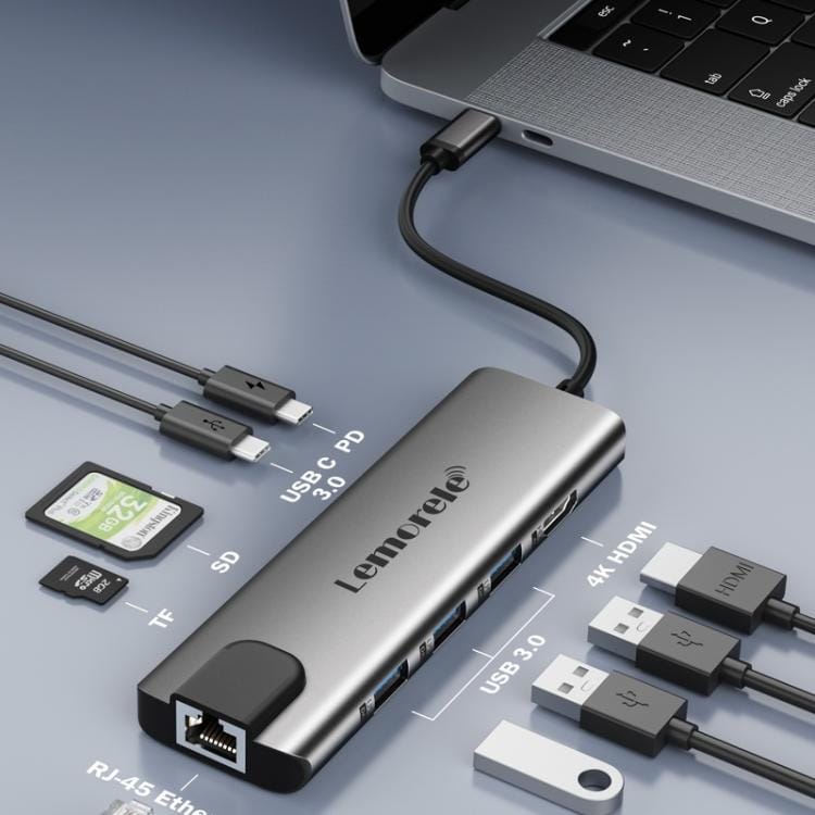Lemorele TC39 9-in-1 USB-C-telakointiasema / USB-C-hubi 4K HDMI:llä, Gigabit Ethernetillä ja 100 W PD-latauksella
