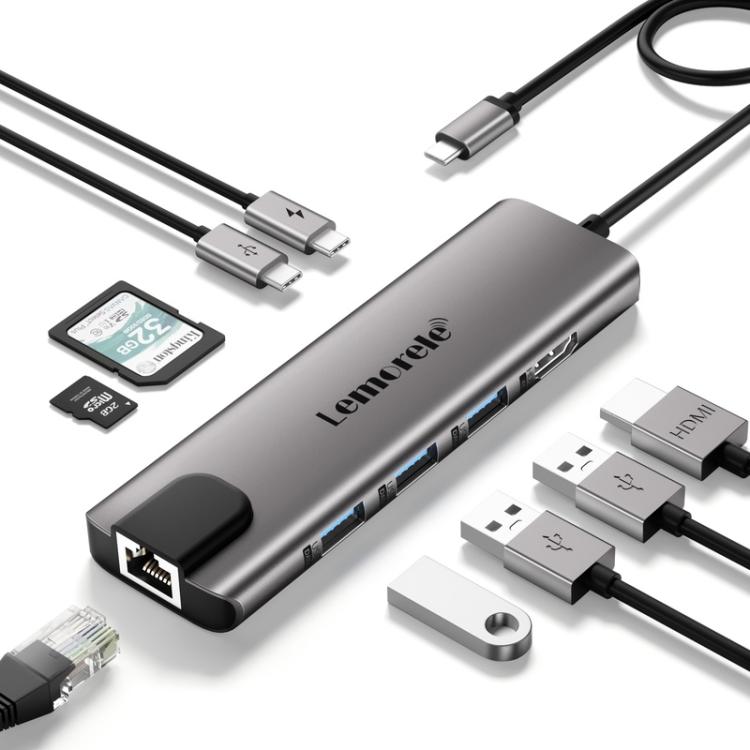 Lemorele TC39 9-in-1 USB-C-telakointiasema / USB-C-hubi 4K HDMI:llä, Gigabit Ethernetillä ja 100 W PD-latauksella