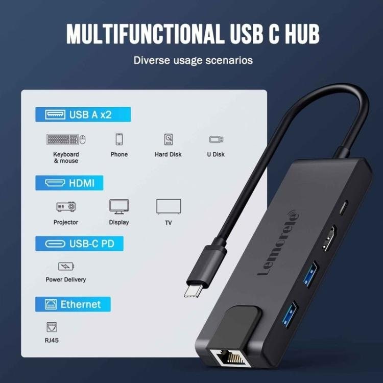 Lemorele TC24L 5-in-1 USB-C-telakointiasema / USB-C-hubi 4K HDMI:llä ja 100 W PD-latauksella