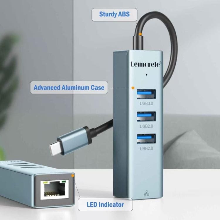 Lemorele USB-C-keskitin TC43L 4-in-1, Gigabit Ethernet ja USB / USB-C-sovitin / Verkkokeskitin