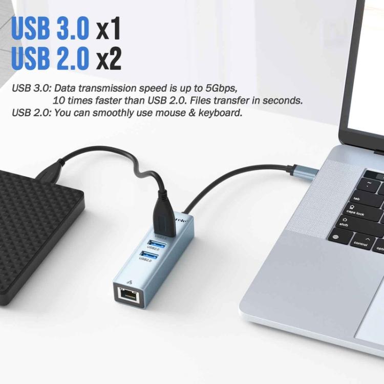 Lemorele USB-C-keskitin TC43L 4-in-1, Gigabit Ethernet ja USB / USB-C-sovitin / Verkkokeskitin