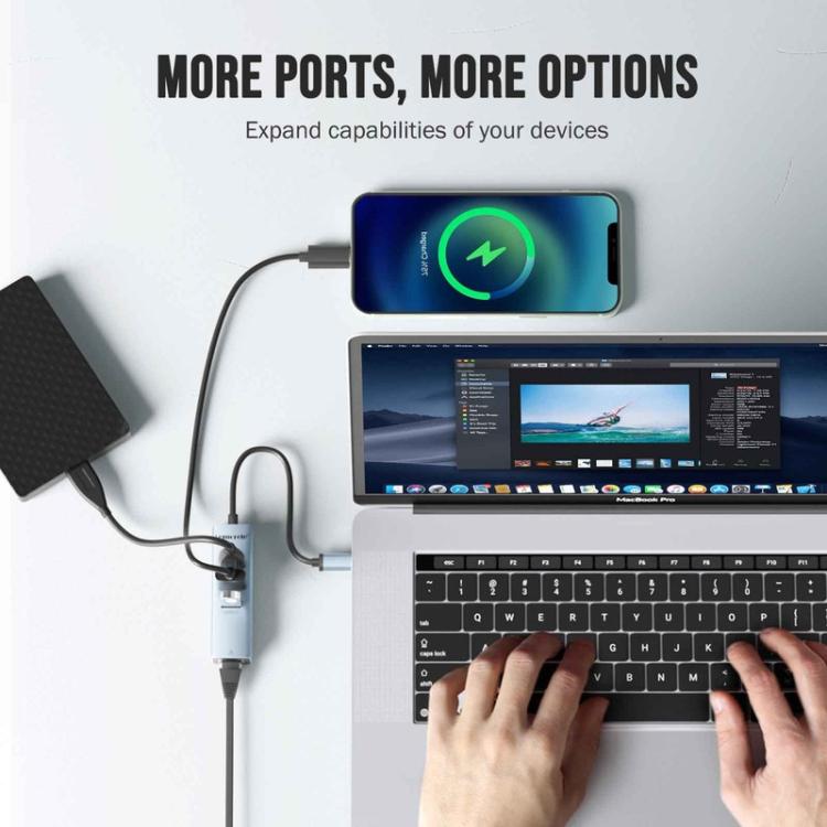 Lemorele USB-C-keskitin TC43L 4-in-1, Gigabit Ethernet ja USB / USB-C-sovitin / Verkkokeskitin
