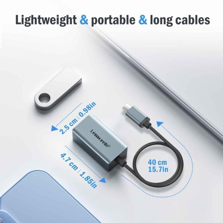Lemorele USB-C-keskitin TC48, jossa on kaksi HDMI-liitäntää ja Gigabit-Ethernet / USB-C-telakka / HDMI-sovitin