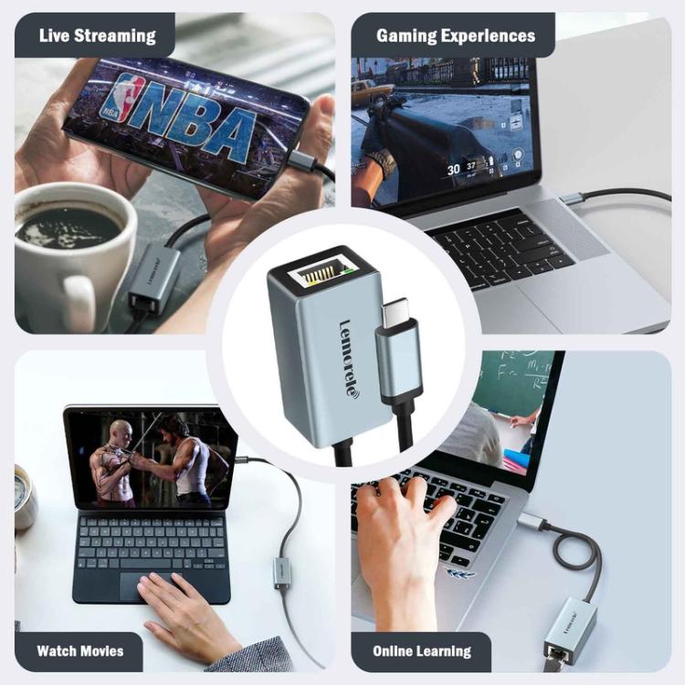 Lemorele USB-C-keskitin TC48, jossa on kaksi HDMI-liitäntää ja Gigabit-Ethernet / USB-C-telakka / HDMI-sovitin