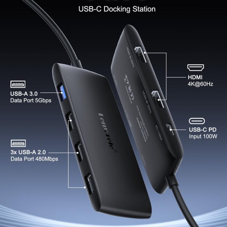 Lemorele TC510 7-in-1-telakointiasema, HDMI 4K ja 100 W PD / USB-C-telakointiasema / Tietokoneen hubi