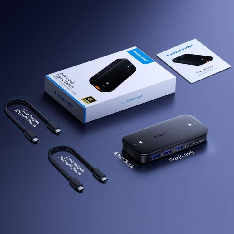 Lemorele KVM-kytkin H200 USB-C, HDMI 4K 60 Hz ja 100 W PD / USB-C-kytkin / Tietokonekytkin